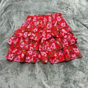 LoveShackFancy Red Floral Tiered Ruffle Mini Skirt